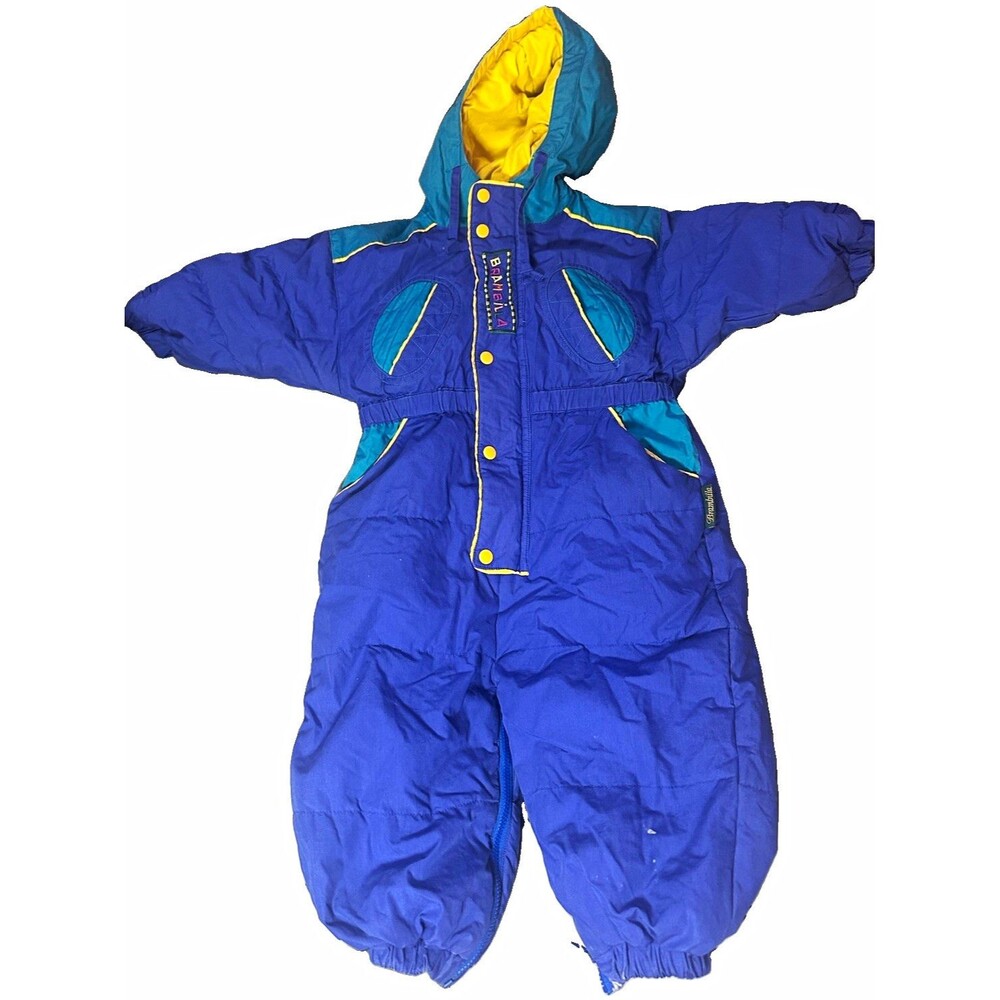 Vintage Brambilla Down Snowsuit 12-18M Blue Teal Hooded One Piece Ski Suit